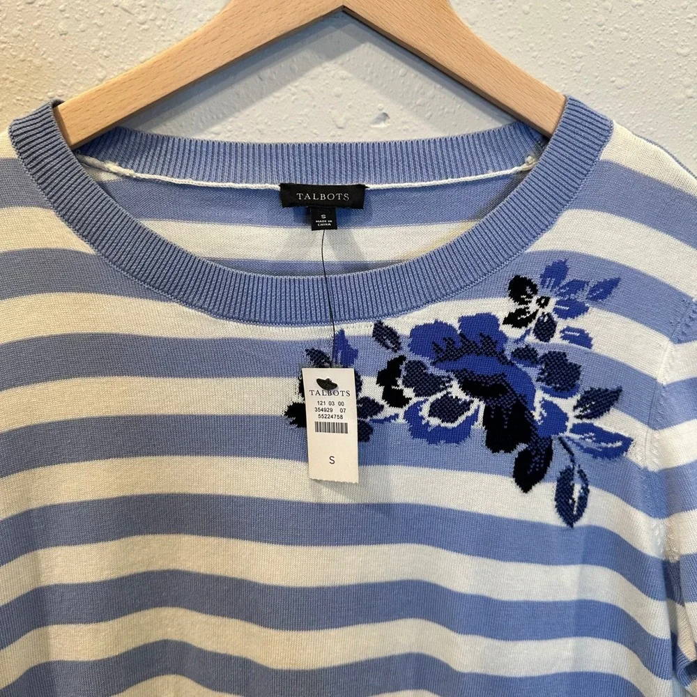 Talbots‎ Sweater Women S Blue Striped Floral 3/4 Sleeve Cotton Blend Preppy NWT